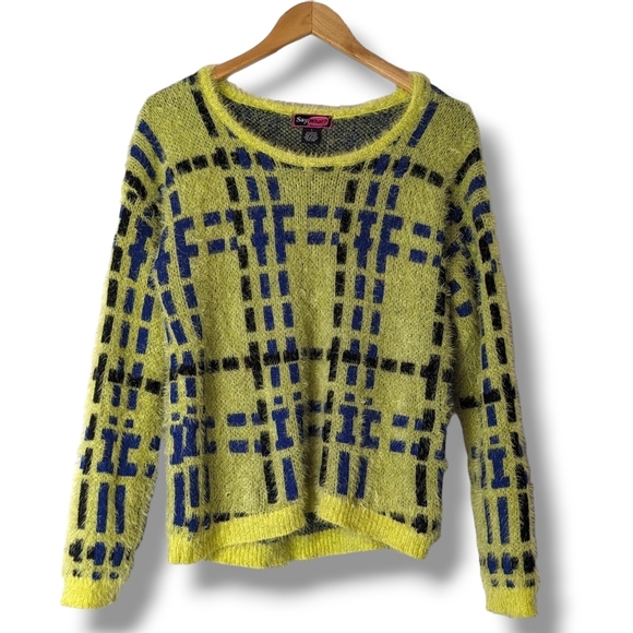 Y2K Clueless Plaid Fuzzy Bright Yellow Indie Sleaze Sweater by Say What: Large - Picture 1 of 7
